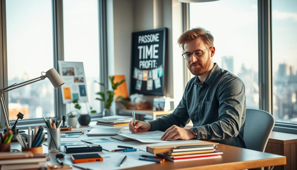 A bustling entrepreneur's workspace, illuminated by soft natural light filtering through large windows. In the foreground, a person sits at a desk, engrossed in planning and sketching ideas, a determined expression on their face. The middle ground features various office supplies, inspirational postcards, and a framed vision board, all symbolic of the alignment between passion, time, and profit. The background showcases a cityscape, hinting at the broader impact the entrepreneur's purpose-driven mission will have on the community. The overall scene conveys a sense of focus, creativity, and a deep commitment to making a meaningful difference through their entrepreneurial endeavors.