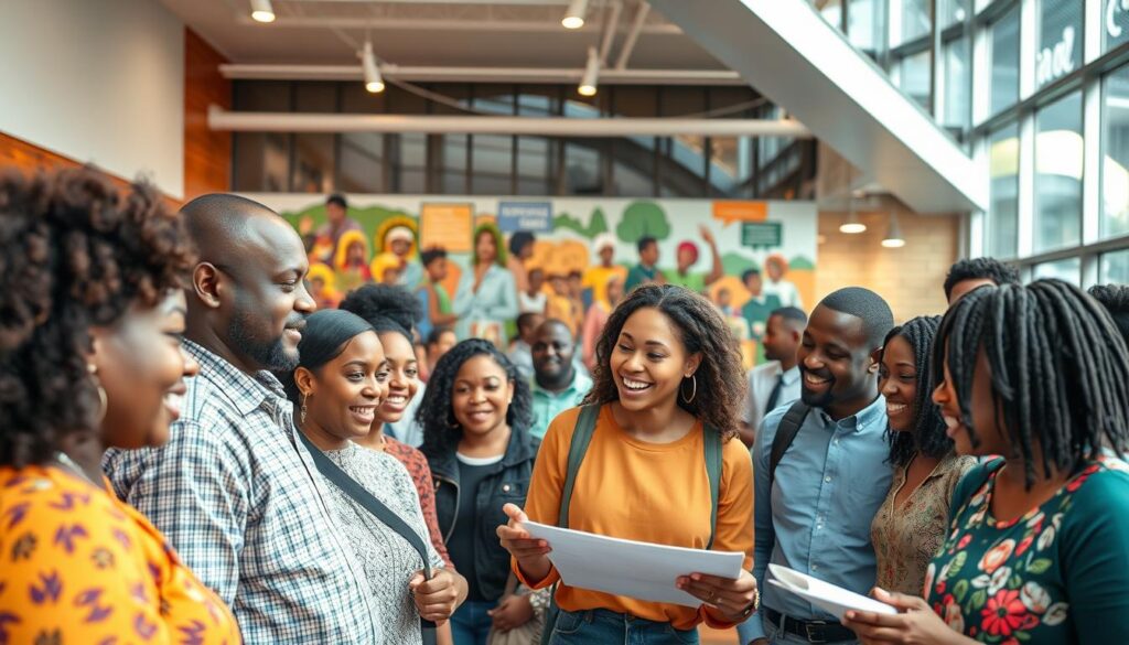 A bustling urban community, vibrant with diverse individuals collaborating on impactful social initiatives. In the foreground, a group of people of all ages and backgrounds enthusiastically discussing plans, their expressions animated with passion and purpose. In the middle ground, a colorful mural depicting scenes of community empowerment and social change. The background showcases a modern, well-equipped community center, its sleek architecture and large windows letting in warm, natural lighting. An atmosphere of energy, synergy, and a shared commitment to making a positive difference permeates the scene. A bustling urban community, vibrant with diverse individuals collaborating on impactful social initiatives. In the foreground, a group of people of all ages and backgrounds enthusiastically discussing plans, their expressions animated with passion and purpose. In the middle ground, a colorful mural depicting scenes of community empowerment and social change. The background showcases a modern, well-equipped community center, its sleek architecture and large windows letting in warm, natural lighting. An atmosphere of energy, synergy, and a shared commitment to making a positive difference permeates the scene.