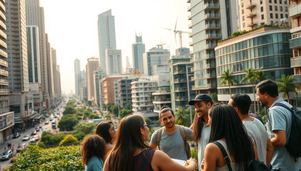 A bustling urban landscape, where towering skyscrapers and vibrant street life converge. In the foreground, a group of diverse individuals collaborate, their faces alight with determination as they discuss plans for a social enterprise. Midground, a community garden thrives, a symbol of the sustainable and inclusive vision they share. In the background, an array of modern, eco-friendly buildings and renewable energy sources suggest the transformative potential of their endeavors. Warm, diffused lighting casts a hopeful glow, capturing the essence of "empreendedorismo social" - social entrepreneurship that uplifts and empowers local communities. A bustling urban landscape, where towering skyscrapers and vibrant street life converge. In the foreground, a group of diverse individuals collaborate, their faces alight with determination as they discuss plans for a social enterprise. Midground, a community garden thrives, a symbol of the sustainable and inclusive vision they share. In the background, an array of modern, eco-friendly buildings and renewable energy sources suggest the transformative potential of their endeavors. Warm, diffused lighting casts a hopeful glow, capturing the essence of "empreendedorismo social" - social entrepreneurship that uplifts and empowers local communities.