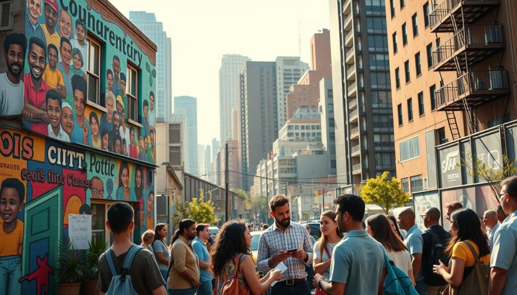 A bustling urban setting, with a vibrant community center in the foreground. The building's facade features a large mural depicting diverse individuals engaged in various social enterprise activities. In the middle ground, local entrepreneurs are gathered, discussing plans and sharing ideas, their expressions focused and determined. The background showcases the cityscape, with towering skyscrapers and a sense of progress and potential. Warm, natural lighting bathes the scene, creating a welcoming and inspiring atmosphere. The overall impression conveys the transformative power of social impact businesses, empowering communities and driving positive change. A bustling urban setting, with a vibrant community center in the foreground. The building's facade features a large mural depicting diverse individuals engaged in various social enterprise activities. In the middle ground, local entrepreneurs are gathered, discussing plans and sharing ideas, their expressions focused and determined. The background showcases the cityscape, with towering skyscrapers and a sense of progress and potential. Warm, natural lighting bathes the scene, creating a welcoming and inspiring atmosphere. The overall impression conveys the transformative power of social impact businesses, empowering communities and driving positive change.