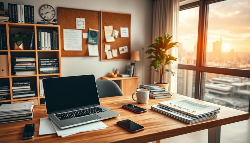 A cozy, modern home office setup with an array of entrepreneurial tools and resources. In the foreground, a laptop, tablet, and smartphone are arranged on a minimalist wooden desk, alongside a stack of neatly organized documents and a cup of coffee. The middle ground features a bookshelf filled with business and finance books, a cork board with inspirational notes, and a plant adding a touch of nature. The background showcases a large window overlooking a vibrant urban skyline, bathed in warm, natural lighting. The overall atmosphere conveys a sense of productivity, innovation, and the possibilities of entrepreneurship beyond the traditional MEI structure. A cozy, modern home office setup with an array of entrepreneurial tools and resources. In the foreground, a laptop, tablet, and smartphone are arranged on a minimalist wooden desk, alongside a stack of neatly organized documents and a cup of coffee. The middle ground features a bookshelf filled with business and finance books, a cork board with inspirational notes, and a plant adding a touch of nature. The background showcases a large window overlooking a vibrant urban skyline, bathed in warm, natural lighting. The overall atmosphere conveys a sense of productivity, innovation, and the possibilities of entrepreneurship beyond the traditional MEI structure.