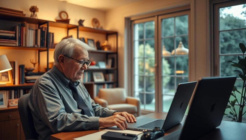 A cozy, well-lit home office setting with an elderly person, dressed professionally, deeply engaged in work on a laptop computer. Shelves in the background display books, small decorative items, and signs of a lifetime of experience. Warm, soft lighting creates a tranquil, contemplative atmosphere, emphasizing the person's focus and determination. The room conveys a sense of purpose, wisdom, and an entrepreneurial spirit in the later stages of life. A large window offers a view of a serene garden, suggesting a balance between work and personal fulfillment.