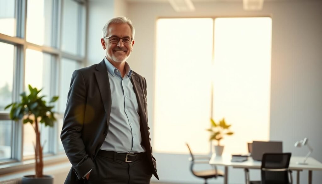A mature adult entrepreneur, dressed in a smart casual outfit, stands confidently in a modern office setting. The environment is well-lit, with natural light streaming through large windows, casting a warm glow. The individual's expression exudes a sense of determination and a willingness to take on new challenges. In the background, a minimalist workspace with a desk, laptop, and a potted plant suggests an atmosphere of productivity and innovation. The overall scene conveys the viability of entrepreneurship as a viable career option, even for those transitioning later in life, and the potential for transforming one's expertise into a profitable venture.