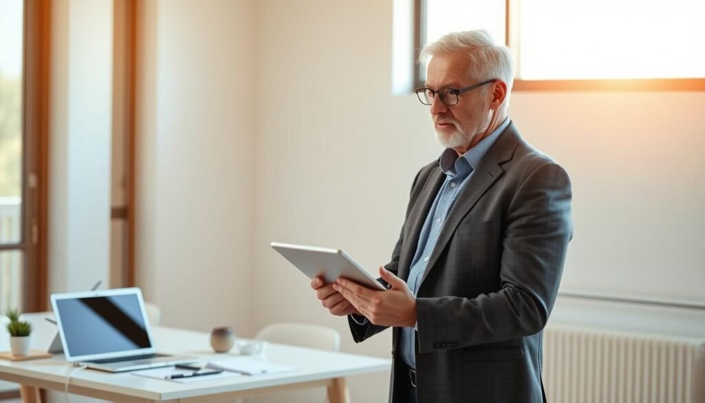A mature adult man stands confidently in a well-lit office, dressed in smart casual attire. He gazes thoughtfully at a tablet in his hands, considering a new business opportunity. In the background, a modern, minimalist desk setup with a laptop and various office supplies suggests a professional, entrepreneurial environment. Warm, natural lighting from a large window creates a sense of optimism and possibility. The man's expression conveys a blend of experience, wisdom, and a readiness to embrace a new chapter in his life. An atmosphere of focus, determination, and untapped potential permeates the scene, reflecting the theme of "Preparação para o empreendedorismo" for those in their third age.