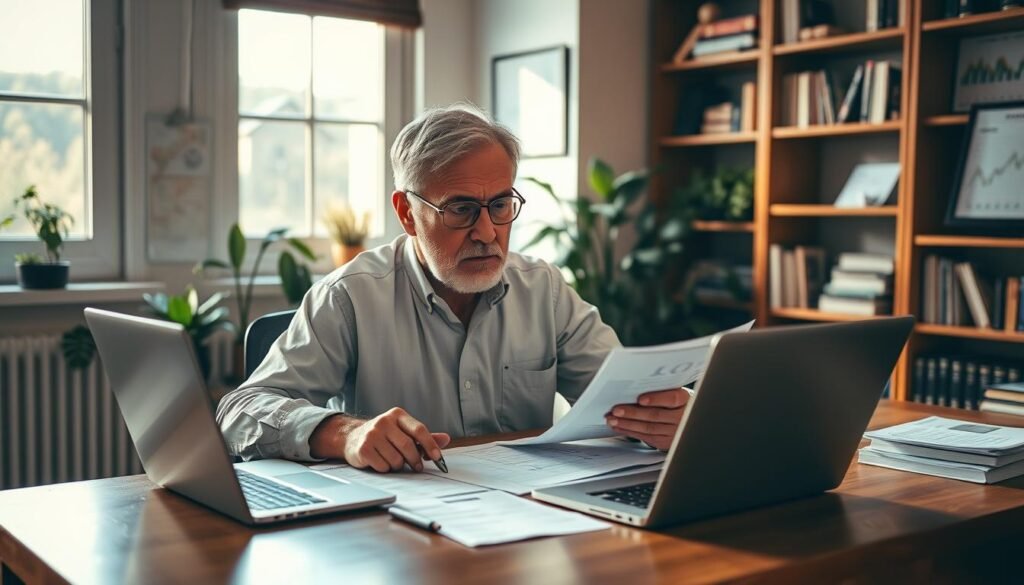 A mature entrepreneur carefully examining financial documents, sitting at a wooden desk with a laptop and calculator, surrounded by bookshelves and financial charts on the walls. Warm, natural lighting from a window illuminates the scene, creating a focused and contemplative atmosphere. The entrepreneur's expression conveys deep thought and experience as they plan their financial strategy. In the background, potted plants and a framed certificate or award hint at their long career and wisdom.
