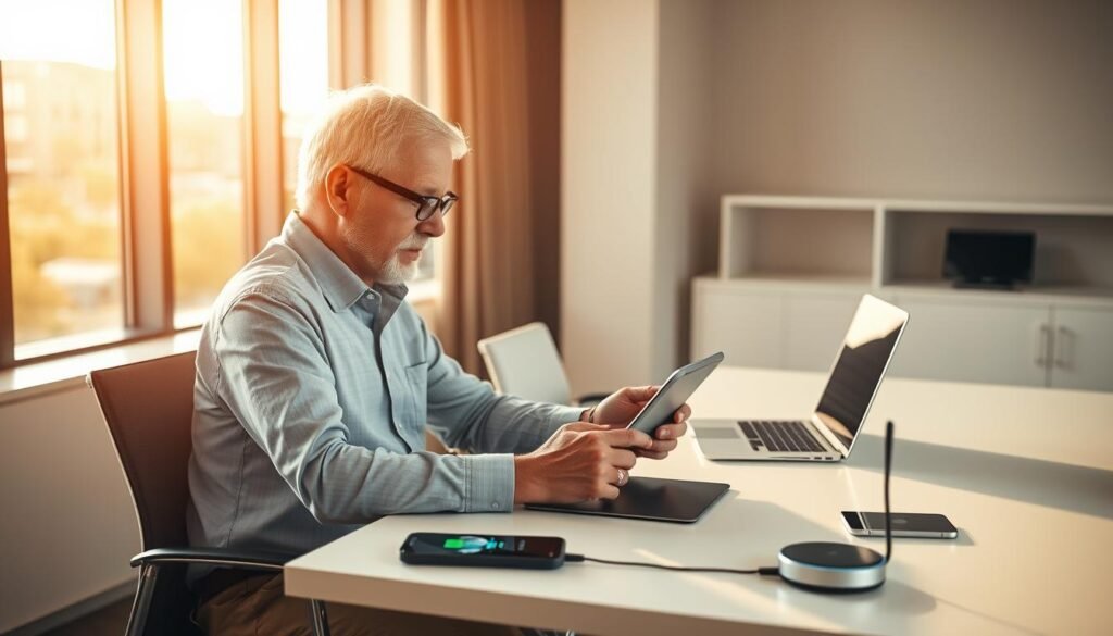 A mature entrepreneur sitting at a modern, minimalist desk, deeply engaged with a tablet and laptop. The office space is bathed in warm, natural lighting filtering through large windows, creating a serene and focused atmosphere. Subtle technological elements like wireless charging pads and voice assistants are seamlessly integrated, empowering the entrepreneur to leverage digital tools with ease. The overall scene conveys a sense of wisdom, experience, and technological savvy coming together to drive innovative business ventures.