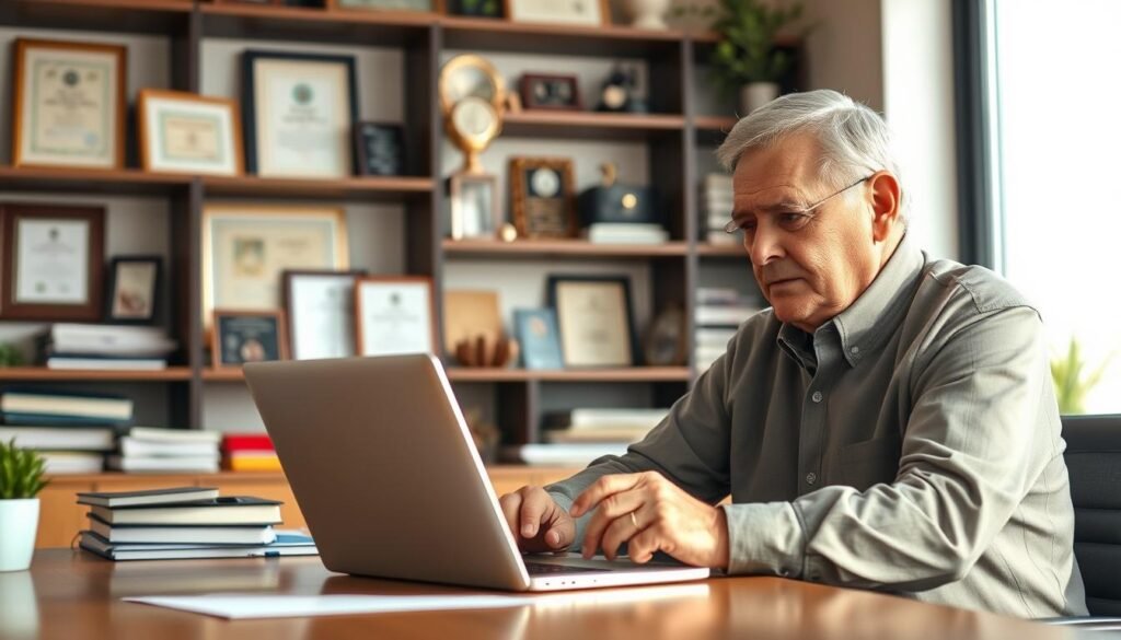 A mature, experienced entrepreneur sits at a desk, focused intently on their laptop. The office is filled with warm, natural light, conveying a sense of determination and purpose. In the background, shelves display awards, certificates, and mementos, hinting at a lifetime of achievements. The entrepreneur's expression is one of determination, reflecting the drive and wisdom that come with age. The scene evokes a feeling of seasoned professionalism and the rewarding journey of senior entrepreneurship.