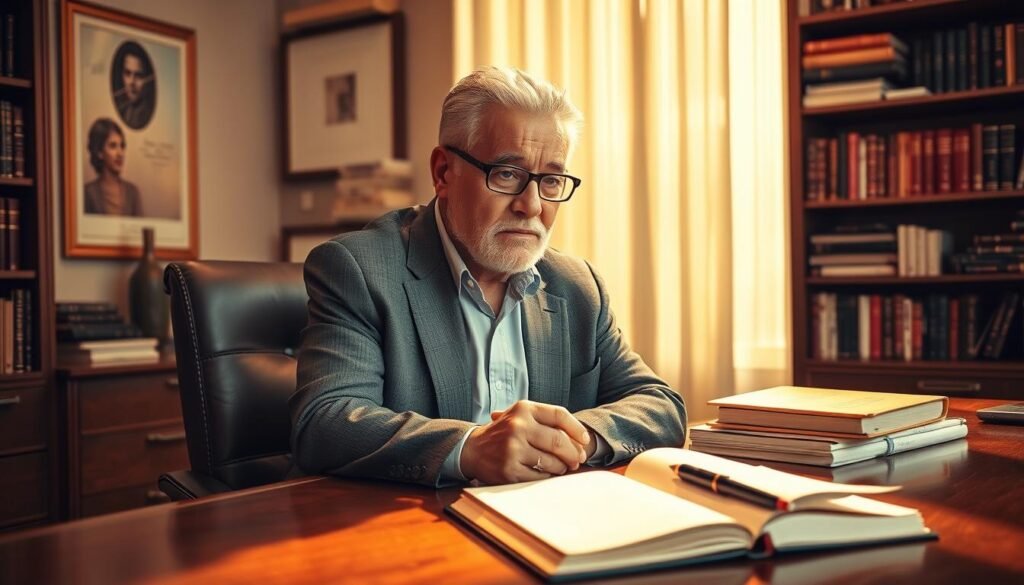 A mature, experienced entrepreneur sits at a well-appointed desk, deep in thoughtful contemplation. The office is flooded with warm, golden light, evoking a sense of wisdom and purpose. In the foreground, a journal and pen lay open, signifying the process of self-discovery. In the background, a wall-mounted bookshelf holds volumes on business, personal development, and a lifetime of accumulated knowledge. The scene conveys a mood of quiet confidence, as the entrepreneur taps into their inner passions and finds a renewed sense of direction in the next chapter of their life.