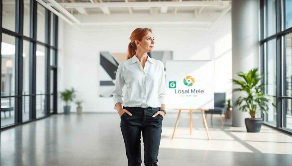 A modern, minimalist office interior with an open floor plan and large windows that flood the space with natural light. In the foreground, a professional businesswoman stands confidently, dressed in a crisp white blouse and sleek black trousers. She gazes thoughtfully out the window, embodying the poise and expertise of an experienced entrepreneur. In the middle ground, a whiteboard displays a carefully curated brand identity, including a clean logo and color palette. The background features a geometric abstract art piece, conveying a sense of innovation and forward-thinking. The overall atmosphere is one of polish, focus, and the confidence that comes from transforming decades of experience into a thriving, profitable business.