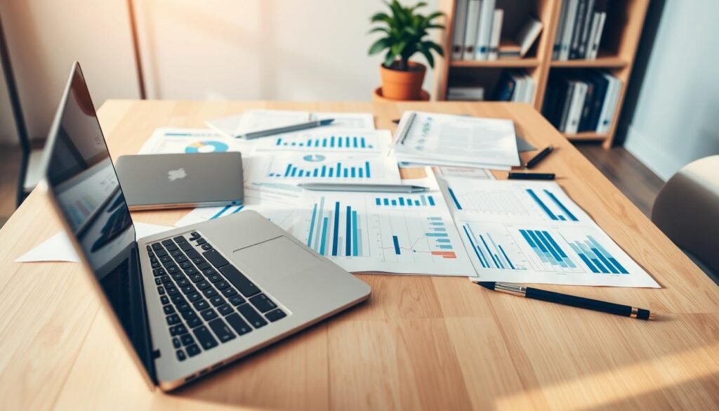 A neatly organized business plan layout on a light wooden desk, bathed in warm, directional lighting. The foreground features a laptop, a pen, and some notes, hinting at the careful planning and research involved. The middle ground showcases various financial documents, charts, and a calendar, symbolizing the comprehensive nature of the plan. In the background, a bookshelf with business-related books and a potted plant convey a sense of professionalism and growth. The overall mood is one of focus, purpose, and the methodical approach needed to develop an effective business strategy.