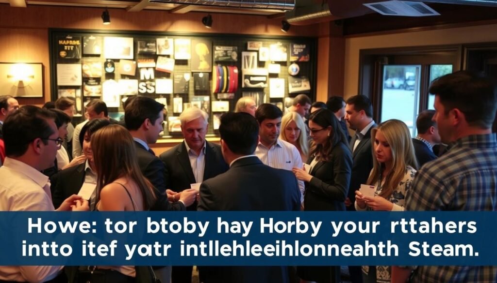 A networking event in a cozy cafe, people engaged in lively discussions, exchanging business cards and ideas. Warm lighting casts a soft glow, highlighting the mix of formal and casual attire. In the background, a wall display showcases various hobby-related products and services, hinting at the potential to monetize a passion. The atmosphere is vibrant, with a sense of collaboration and entrepreneurial spirit. The overall scene conveys the concept of transforming a hobby into a reliable income stream through strategic partnerships and networking.