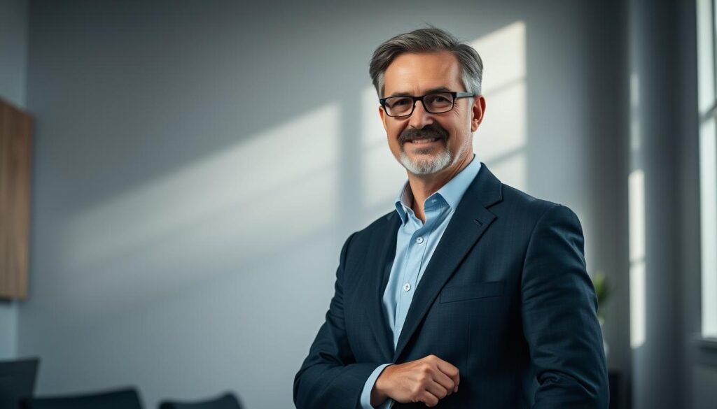 A professional, confident-looking middle-aged person standing in a modern, well-lit office setting, conveying authority and expertise. The subject is dressed in a sharp, tailored suit, with an air of poise and self-assurance. The background features clean, minimalist decor, with subtle textures and muted colors that complement the subject's attire. Soft, directional lighting from the side casts dramatic shadows, highlighting the subject's features and creating a sense of depth and dimension. The overall mood is one of professionalism, competence, and personal branding.