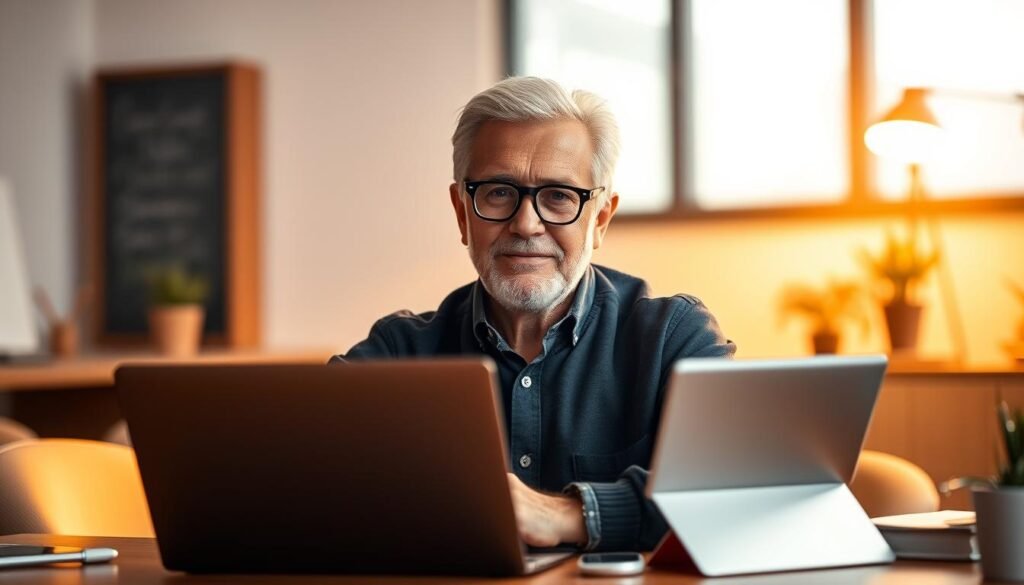 A senior digital entrepreneur, confident and focused, sits at a desk surrounded by the tools of their trade - a sleek laptop, a tablet, and a smartphone. The lighting is warm and inviting, casting a soft glow on the scene. The background is blurred, hinting at a modern, minimalist office setting. The entrepreneur's expression is one of determination and expertise, conveying the experience and expertise that comes with years of navigating the digital landscape. The overall atmosphere is one of productivity, innovation, and the mastery of digital skills.