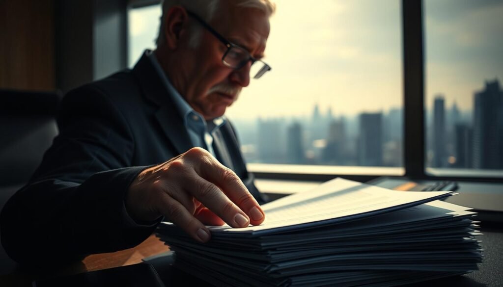 A senior entrepreneur contemplates a strategic decision amidst a dimly lit office. In the foreground, a weathered hand rests on a stack of documents, conveying the weight of the choice. The background features a panoramic city skyline, hinting at the broader implications of the decision. Soft, directional lighting casts dramatic shadows, creating a pensive atmosphere. The overall composition suggests the profound impact of strategic decision-making on the entrepreneurial journey of an experienced business leader.