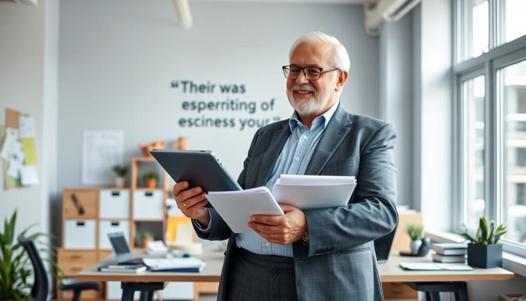 A senior entrepreneur standing confidently, with a warm and thoughtful expression, surrounded by an office setting filled with inspirational tools and resources. The foreground features the entrepreneur, dressed professionally, holding a tablet and examining various business documents. The middle ground showcases a well-organized desk with a laptop, stationery, and a motivational quote displayed on the wall behind. The background subtly depicts a bright, airy workspace with large windows, suggesting a supportive and empowering environment for senior entrepreneurship.