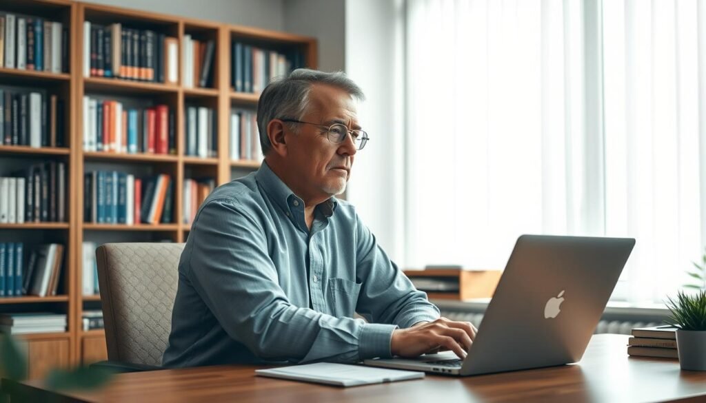 A serene and well-lit office setting, with a middle-aged entrepreneur seated at a wooden desk, deep in contemplation. The background features a bookshelf filled with business and self-improvement titles, conveying a sense of continuous learning. Soft natural light filters through large windows, creating a warm and inviting atmosphere. The entrepreneur's expression exudes focus and determination, hinting at the mental and emotional capabilities that come with life experience. The overall scene suggests a journey of ongoing professional development and the rewarding path of entrepreneurship.