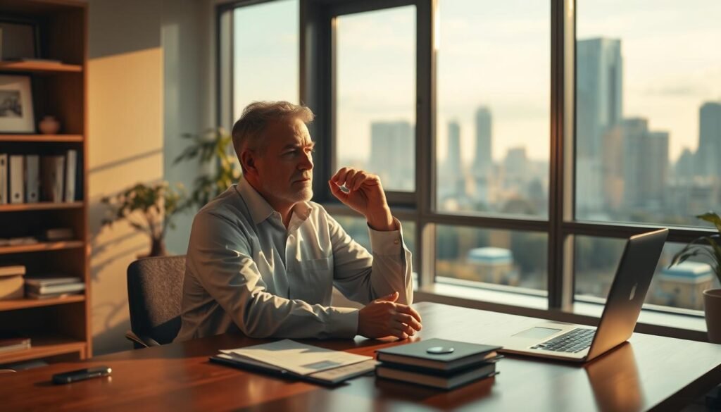 A serene, contemplative office setting with a middle-aged businessman sitting at a wooden desk, deep in thought. The scene is bathed in warm, soft lighting, creating a sense of focus and introspection. In the background, a large window overlooks a tranquil urban landscape, symbolizing the connection between inner mental development and outer professional success. The businessman's expression is thoughtful, his gaze directed inwards, as he mentally exercises and trains his mind to navigate the challenges of entrepreneurship in his later years.