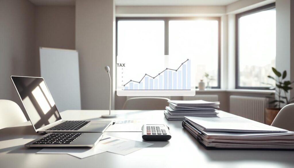 A serene, minimalist office setting with a clean, organized desk showcasing efficient tax planning documents and tools. Soft, natural lighting filters in through large windows, casting a warm, productive atmosphere. In the foreground, a laptop, calculator, and neatly stacked files demonstrate the meticulous attention to detail required for effective tax strategy. In the middle ground, a stylized graph or chart visualizes financial data, providing insights to guide the tax planning process. The background features muted, neutral tones, allowing the focal elements to take center stage and convey a sense of professionalism and expertise.