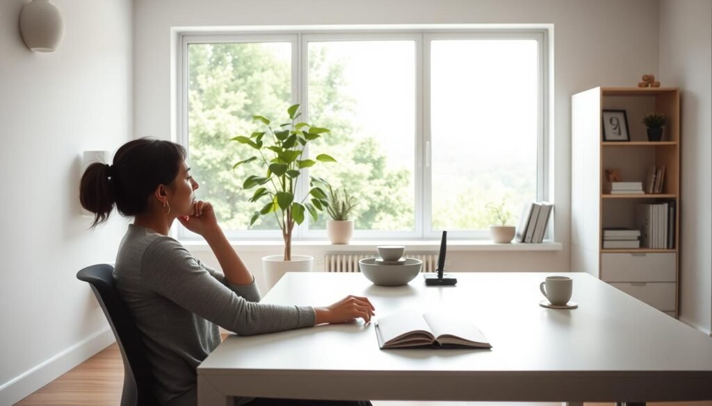 A serene, minimalist office space filled with natural light, conveying a sense of calm and focus. In the foreground, a person sitting at a desk, deep in contemplation, their hands resting on a journal or notebook. The middle ground features a potted plant, a soothing water feature, and a few carefully chosen personal items, suggesting a balance between work and well-being. The background depicts a large window overlooking a lush, verdant landscape, creating a connection to the natural world and a sense of tranquility. The overall mood is one of introspection, self-care, and the peaceful transition from one career path to another.