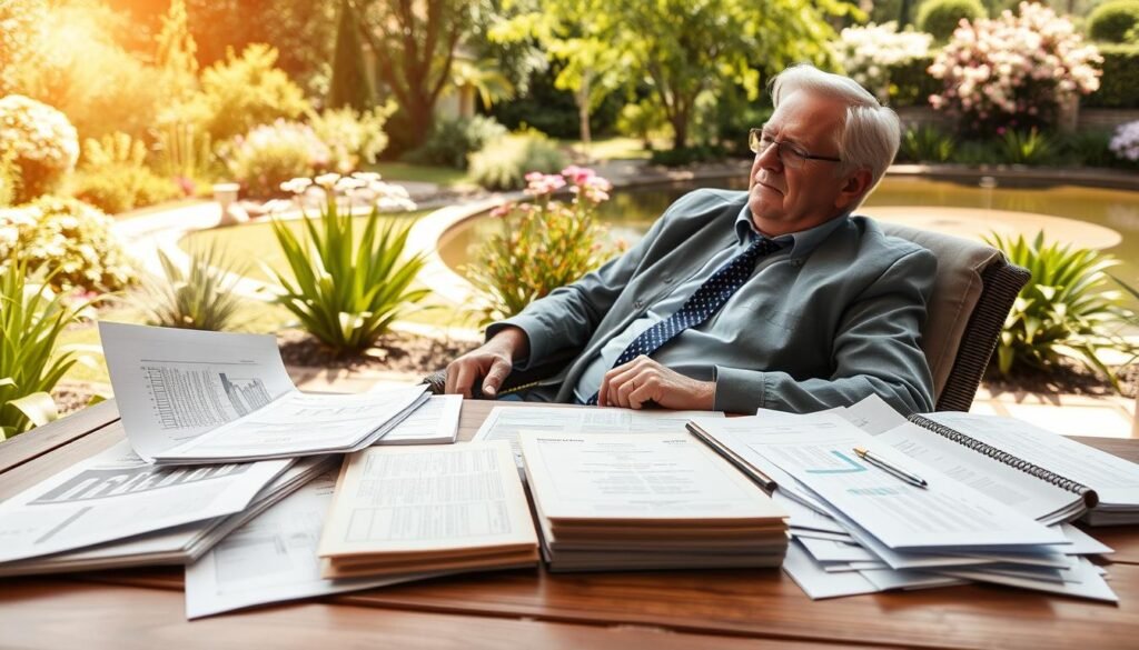 A serene, sun-dappled outdoor scene with a mature, well-established investor examining a diverse portfolio of financial instruments. In the foreground, an array of stocks, bonds, real estate documents, and retirement account statements are carefully arranged on a wooden table. The middle ground features the investor, a distinguished-looking individual in their 50s or 60s, leaning back in a comfortable chair, deep in contemplation. The background depicts a lush, verdant garden with blooming flowers and a tranquil pond, creating a sense of financial security and personal fulfillment. The lighting is soft and natural, conveying a mood of thoughtful deliberation and hard-earned wisdom. The overall composition suggests the importance of diversification and long-term planning for experienced entrepreneurs.