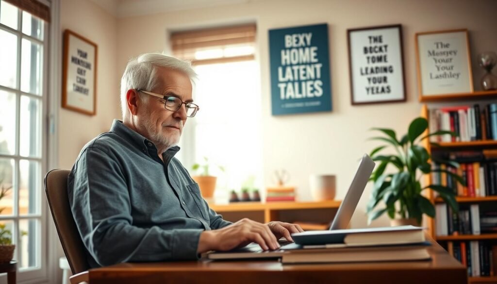 A serene, well-lit home office setting with a senior entrepreneur working intently on a laptop, surrounded by inspirational books, motivational wall art, and a lush potted plant. The room has a warm, inviting atmosphere with natural light streaming in through large windows. The entrepreneur's face is filled with determination and a sense of purpose, capturing the spirit of successful senior entrepreneurship. In the background, a bookshelf showcases their diverse business and self-help titles, hinting at their wealth of experience and knowledge. The overall scene conveys a feeling of empowerment, wisdom, and the rewarding journey of launching a new venture later in life.
