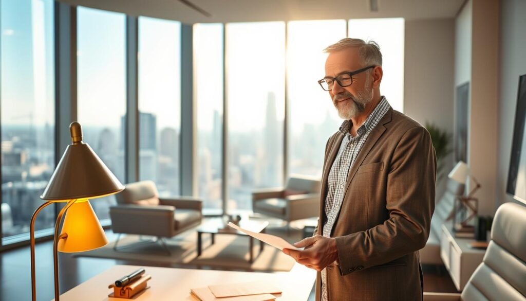 A successful entrepreneur in their third age, radiating confidence and determination, stands in a sunlit, modern office. In the foreground, a warm desk lamp illuminates their thoughtful expression as they review documents. The middle ground features sleek, minimalist furniture and decor, conveying a sense of professionalism and productivity. In the background, large windows offer a view of a vibrant city skyline, symbolizing the expansive opportunities available to this experienced, emotionally intelligent individual. The overall scene exudes a tone of wisdom, focus, and the rewarding benefits of entrepreneurship in the later stages of life.