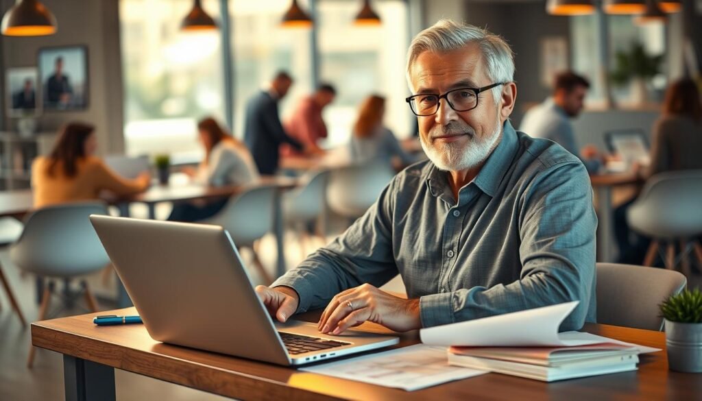 A thriving older adult entrepreneur seated at a modern desk, laptop open, surrounded by motivational notes and financial documents. Warm, soft lighting illuminates their focused expression, conveying a sense of determination and self-assurance. In the background, a lively coworking space with diverse individuals collaborating, symbolizing the vibrant entrepreneurial community. The scene evokes a narrative of empowerment, showcasing the success and vitality of entrepreneurship in the third age.