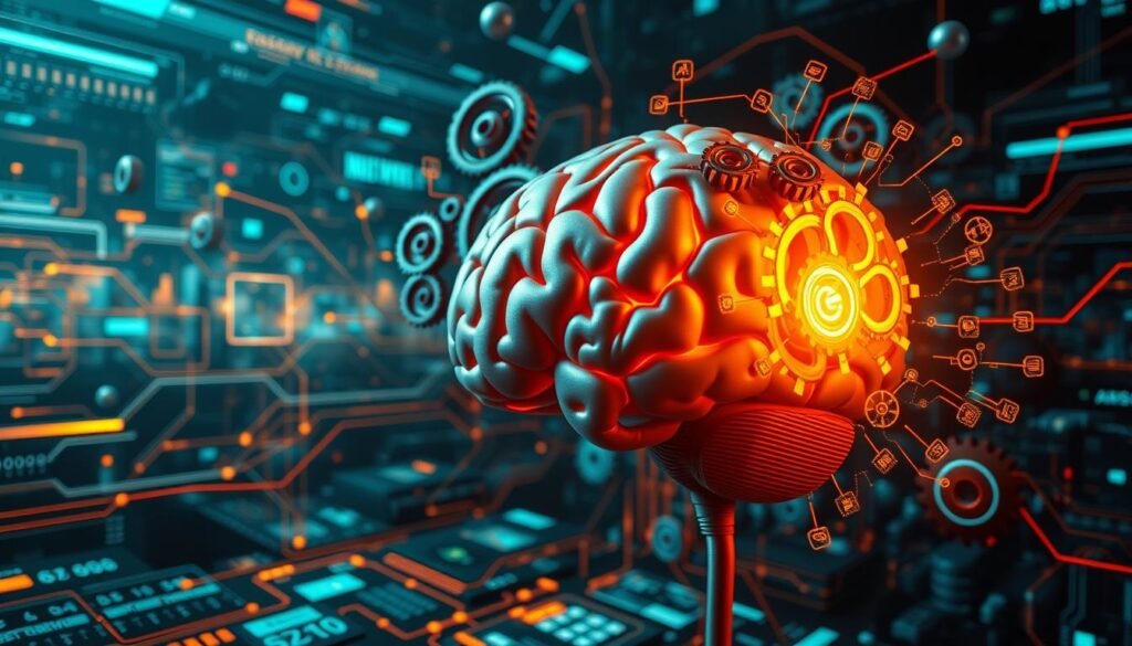 A vibrant and dynamic scene of the brain in motion, with various gears, cogs, and circuits intertwined, symbolizing the mental exercises and practices that empower entrepreneurial success. The foreground features a central brain structure illuminated by warm, golden lighting, with smaller brain regions pulsing with energy and activity around it. The middle ground showcases intricate neural pathways and synaptic connections, while the background is filled with a futuristic, high-tech landscape of data streams, digital displays, and glowing interfaces. The overall atmosphere conveys a sense of mental stimulation, innovative thinking, and the boundless potential of the entrepreneurial mind.