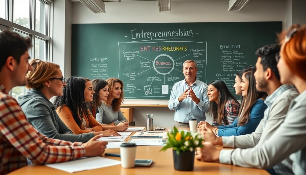 A vibrant, colorful scene of entrepreneurial education. In the foreground, a diverse group of young adults gather around a table, intently discussing business plans and strategies, their faces alight with enthusiasm. In the middle ground, a chalkboard displays a diagram illustrating the key principles of entrepreneurship, while a seasoned mentor gestures animatedly, guiding the discussion. The background depicts a modern, well-equipped classroom, with large windows allowing natural light to flood the space, creating a warm and inviting atmosphere. The overall mood is one of collaboration, growth, and a sense of boundless potential, capturing the essence of continuous learning and adaptability in the entrepreneurial journey.