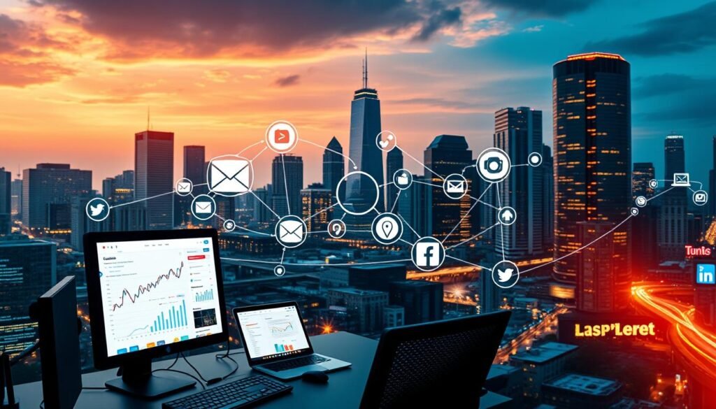 A vibrant digital landscape, showcasing strategic marketing tactics. In the foreground, a desktop workspace with sleek devices, analytics dashboards, and social media platforms. In the middle ground, interconnected digital channels - email, search, content, and social media - converging to drive engagement. The background features a cityscape of modern skyscrapers, symbolizing the scale and reach of digital marketing. Warm lighting illuminates the scene, creating a sense of dynamism and innovation. The overall mood conveys the power of digital strategies to transform a business and drive success.