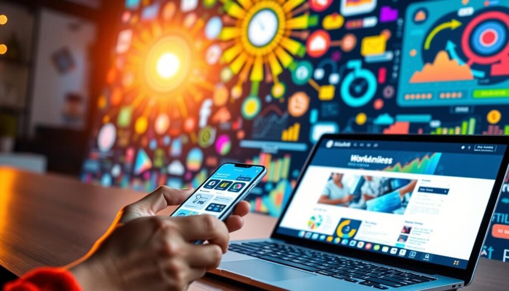 A vibrant digital marketing scene for a small business owner, MEI. In the foreground, a professional-looking website displayed on a laptop, showcasing vivid graphics and well-designed layouts. In the middle ground, a smartphone in hand, demonstrating the integration of social media platforms and online advertising. In the background, a kaleidoscope of colorful, dynamic digital elements - data visualizations, icons, and UI components - all contributing to a cohesive, tech-savvy atmosphere. Warm, inviting lighting casts a glow over the scene, conveying a sense of empowerment and modern entrepreneurship. Captured with a wide-angle lens to encompass the comprehensive nature of digital marketing for the MEI. A vibrant digital marketing scene for a small business owner, MEI. In the foreground, a professional-looking website displayed on a laptop, showcasing vivid graphics and well-designed layouts. In the middle ground, a smartphone in hand, demonstrating the integration of social media platforms and online advertising. In the background, a kaleidoscope of colorful, dynamic digital elements - data visualizations, icons, and UI components - all contributing to a cohesive, tech-savvy atmosphere. Warm, inviting lighting casts a glow over the scene, conveying a sense of empowerment and modern entrepreneurship. Captured with a wide-angle lens to encompass the comprehensive nature of digital marketing for the MEI.