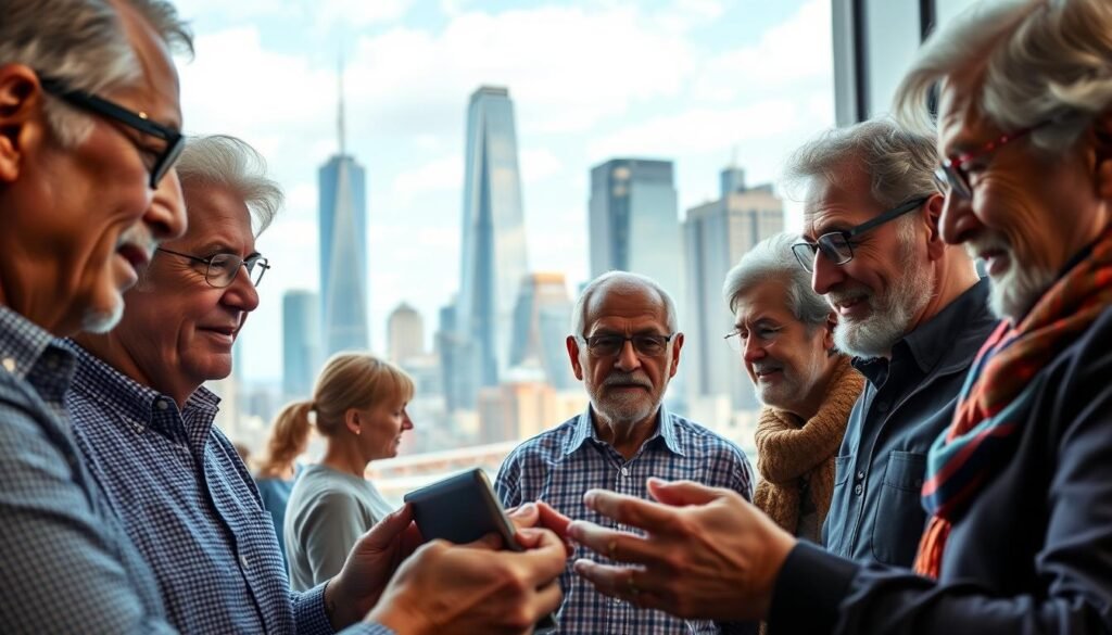 A vibrant scene of senior entrepreneurship, set against the backdrop of a bustling city skyline. In the foreground, a diverse group of senior business owners, their faces alight with determination, collaborate over a presentation on a sleek tablet. The middle ground features a coworking space filled with the energy of innovation, with seniors brainstorming ideas and networking. In the background, towering skyscrapers and a dynamic urban landscape symbolize the economic impact of this growing demographic. Warm, directional lighting casts a sense of purpose and optimism, while a wide-angle lens captures the collaborative, forward-thinking spirit of senior entrepreneurship.