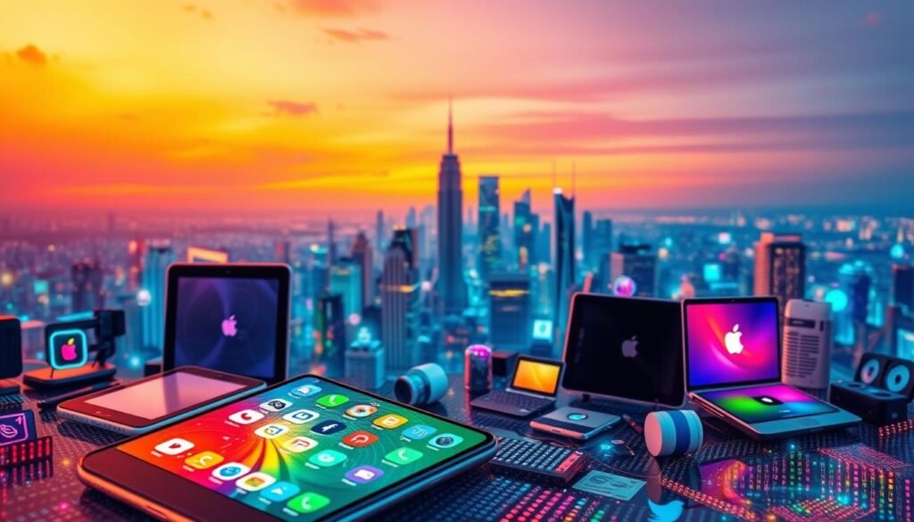 A vibrant social media landscape, showcasing a dynamic array of platforms and devices. In the foreground, a central smartphone with a kaleidoscope of app icons, reflecting the diverse world of online interactions. Surrounding it, a collage of tablets, laptops, and wearable tech, all interconnected, symbolizing the ubiquity of social networking in the digital age. The middle ground features a bustling digital cityscape, with neon-lit skyscrapers and pulsing data streams, conveying the energy and interconnectivity of the social media ecosystem. In the background, a vivid gradient sky, with hues that shift and blend, evoking the ever-evolving nature of the online landscape. Warm, yet futuristic lighting casts a soft glow, highlighting the seamless integration of technology and human communication.