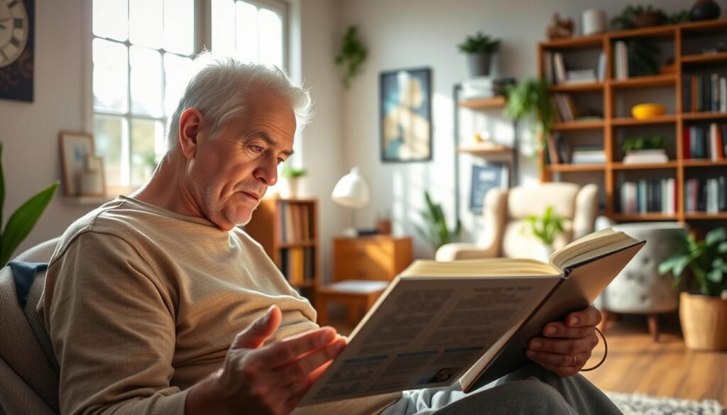 A vibrant, well-lit scene depicting a 60-year-old person engaged in mentally stimulating activities. In the foreground, the subject is reading a book intently, their face illuminated by natural light streaming through a large window. In the middle ground, various brain-boosting tools are visible, such as a crossword puzzle, a tablet displaying a brain training app, and a cup of herbal tea. The background showcases a cozy, inviting home office environment, with bookshelves, plants, and a comfortable armchair, suggesting an atmosphere conducive to cognitive wellness. The overall mood is one of focus, engagement, and a commitment to maintaining mental sharpness in the golden years.