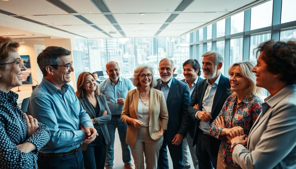 A vibrant, well-lit scene of successful senior entrepreneurs in Brazil, captured with a wide-angle lens to showcase their dynamic energy. In the foreground, a diverse group of confident individuals, dressed in professional attire, engaged in animated discussions, their faces alight with enthusiasm. In the middle ground, state-of-the-art office spaces with modern furnishings and sleek, minimalist design. The background reveals a bustling cityscape, conveying the sense of a thriving entrepreneurial ecosystem. The overall atmosphere exudes a palpable air of achievement, innovation, and the empowering spirit of senior entrepreneurship.