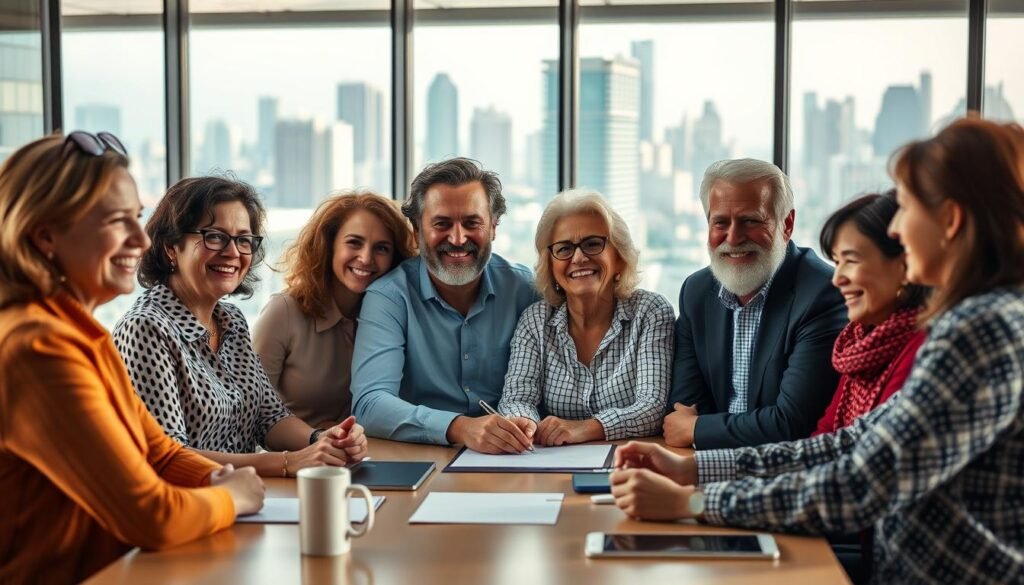 A warm and vibrant scene of successful senior entrepreneurs in Brazil, captured with a cinematic lens. In the foreground, a group of diverse individuals gathered around a conference table, their faces alight with enthusiasm as they discuss their business ventures. The middle ground showcases a modern, well-appointed office space, with large windows that flood the room with natural light. In the background, the bustling city skyline can be seen, hinting at the dynamic and thriving environment that has fostered their entrepreneurial spirit. The overall atmosphere is one of camaraderie, determination, and a sense of pride in their achievements.