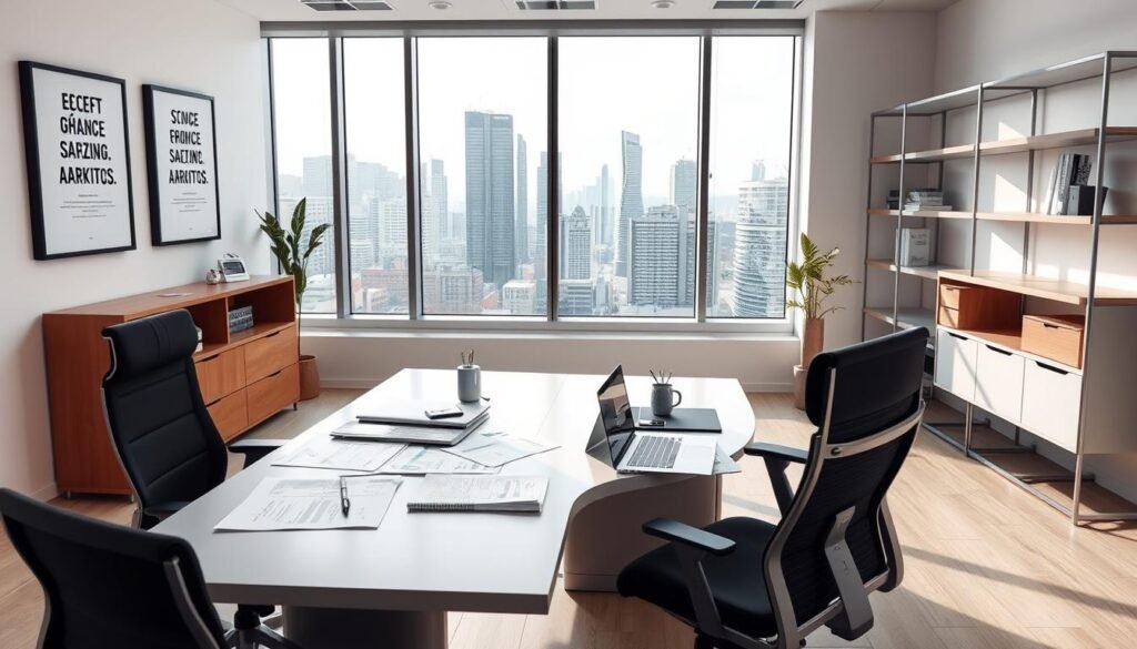 A well-lit, modern business office setting with a large desk and ergonomic chair. On the desk, various marketing strategy documents, a laptop, and a few carefully placed office supplies. The walls are adorned with framed motivational posters and sleek, minimalist shelving units. A large window in the background provides natural lighting and a view of a bustling city skyline. The overall mood is one of focused professionalism and strategic planning, reflecting the "Estratégias de marketing para consultoria" theme.