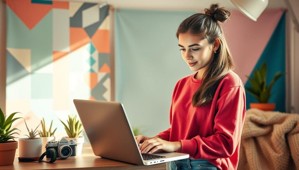 A young content creator stands before a stylish social media setup, their face aglow with inspiration. Vibrant backdrops of geometric patterns and pastel hues set the scene, complemented by carefully curated props - a vintage camera, potted plants, and a cozy throw blanket. Warm, natural lighting bathes the space, creating a inviting atmosphere. The creator's gaze is fixed on their laptop, fingers poised over the keyboard, ready to craft engaging, visually stunning social media content that will captivate their audience. The image exudes a sense of creativity, productivity, and the excitement of turning a hobby into a thriving online presence.