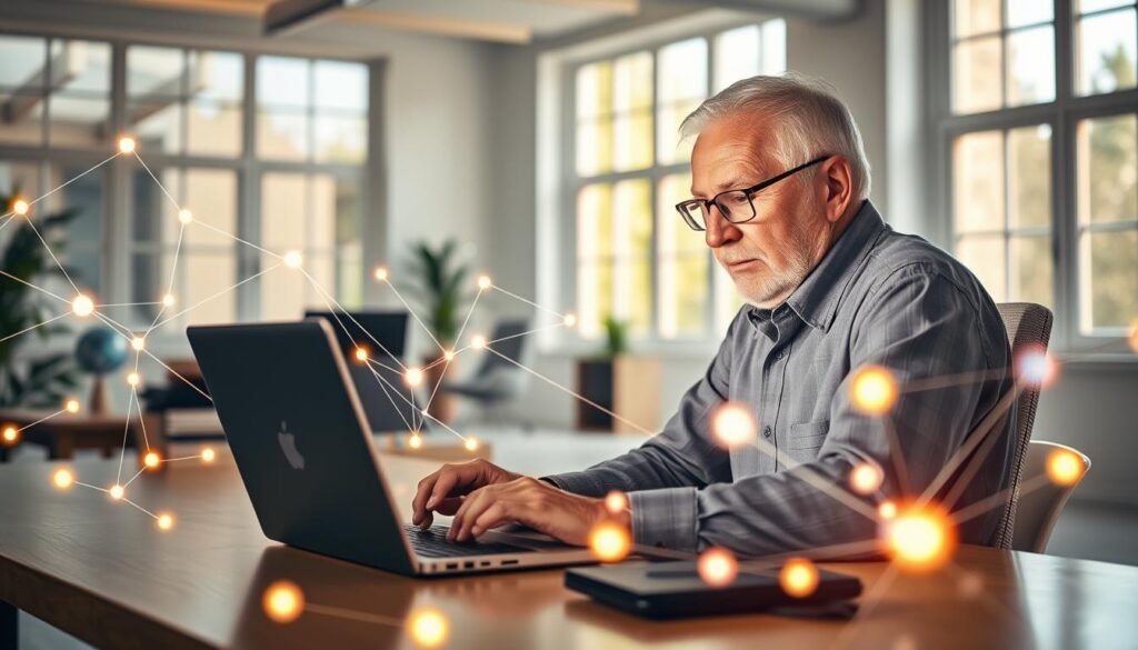 An elderly man sitting at a desk, intently focused on his laptop screen, surrounded by a vibrant network of digital connections represented by glowing lines and nodes. The bright, airy office space is illuminated by natural light filtering through large windows, creating a warm, productive atmosphere. The man's expression conveys a sense of determination and curiosity as he navigates the online landscape, building meaningful professional relationships that will support his entrepreneurial journey in the digital realm.
