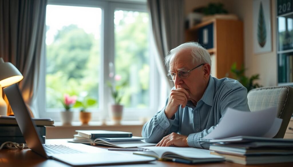 An elderly person sitting at a desk, deep in thought, surrounded by books, papers, and a laptop. The lighting is soft and warm, creating a contemplative atmosphere. The background shows a cozy home office, with a large window overlooking a lush, verdant garden. The person's facial expression reflects a sense of focus and concentration, suggesting the importance of maintaining mental productivity in the later stages of life.