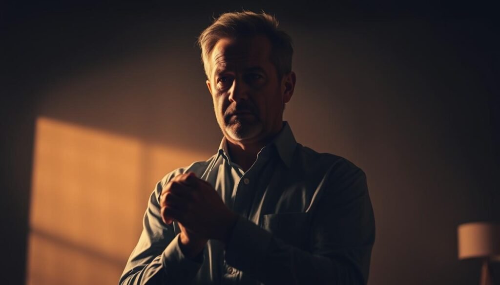 Strategies to confront fear: a pensive middle-aged entrepreneur standing in a dimly lit room, shoulders hunched, hands clasped in contemplation. Soft, warm lighting illuminates their face, casting shadows that suggest a conflicted inner state. The background is blurred, hinting at the challenges and uncertainties of entrepreneurship. The composition conveys a sense of introspection and determination to overcome the fear of failure.