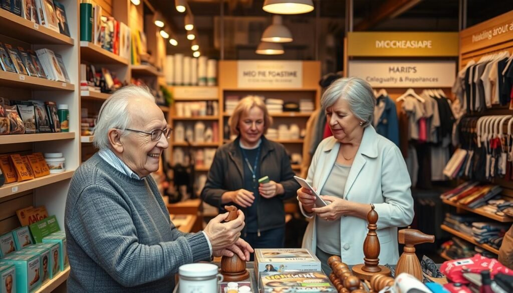 A cozy and inviting market stall catering to older adults, with neatly displayed shelves showcasing specialized products and services. The warm lighting casts a soft glow, creating an atmosphere of comfort and familiarity. In the foreground, a cheerful elderly customer examines a handcrafted wooden figurine, while the middle ground features a sales assistant offering attentive assistance. In the background, other stalls selling mobility aids, healthcare devices, and leisure-focused items for the 50+ demographic create a vibrant, inclusive marketplace.