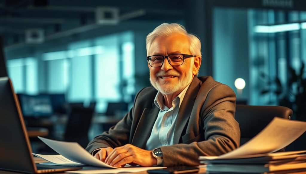 A dynamic elderly entrepreneur, with a warm and confident expression, sitting at a desk surrounded by various technological devices and business documents. The lighting is soft and directional, creating a sense of depth and dimension. The background is blurred, with subtle hints of a modern office environment, emphasizing the subject's focus and determination. The overall atmosphere conveys a sense of experience, wisdom, and the pursuit of new opportunities in the later stages of life.