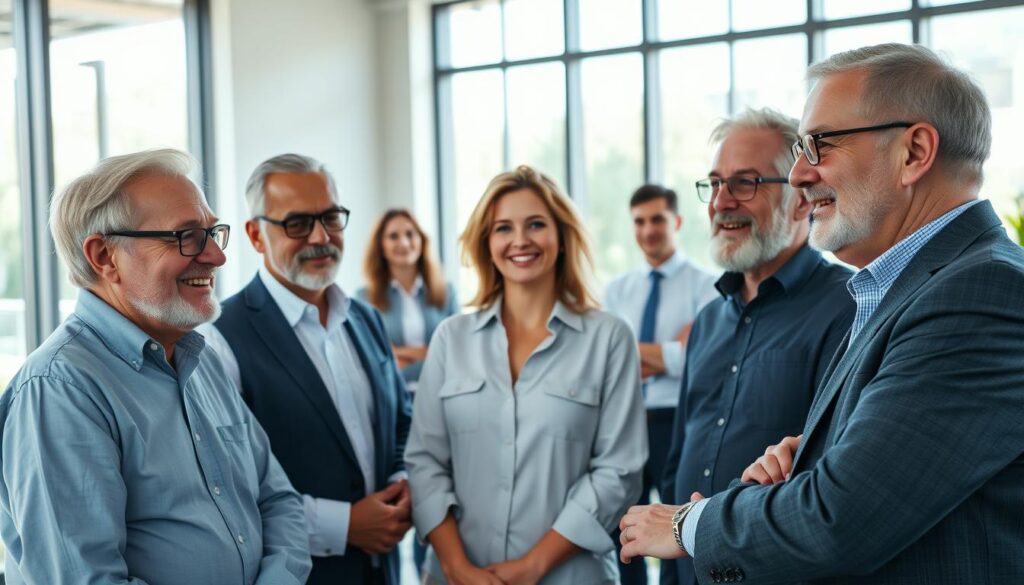 A group of seasoned entrepreneurs, radiating confidence and experience, gathered in a sunlit, modern office setting. In the foreground, three senior individuals in smart casual attire, engaged in a lively discussion, their faces expressing a blend of wisdom and entrepreneurial drive. In the middle ground, a team of younger colleagues listening intently, absorbing the insights shared by their more experienced counterparts. The background features minimalist decor, sleek furniture, and large windows that bathe the scene in a warm, natural light, conveying a sense of progress and success. The overall atmosphere exudes a spirit of collaboration, mentorship, and the fruitful intersection of age and innovation. A group of seasoned entrepreneurs, radiating confidence and experience, gathered in a sunlit, modern office setting. In the foreground, three senior individuals in smart casual attire, engaged in a lively discussion, their faces expressing a blend of wisdom and entrepreneurial drive. In the middle ground, a team of younger colleagues listening intently, absorbing the insights shared by their more experienced counterparts. The background features minimalist decor, sleek furniture, and large windows that bathe the scene in a warm, natural light, conveying a sense of progress and success. The overall atmosphere exudes a spirit of collaboration, mentorship, and the fruitful intersection of age and innovation.