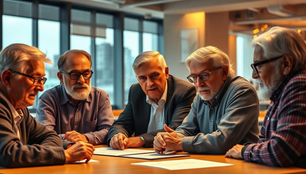 A group of senior entrepreneurs, their faces weathered by experience, gathered around a table, deep in discussion. The warm lighting casts a soft glow, illuminating the determination in their eyes as they navigate the challenges of starting a new venture in their golden years. In the background, a modern office space with floor-to-ceiling windows offers a glimpse of the city skyline, a testament to their ambition and resilience. Tension and focus are palpable, yet an undercurrent of camaraderie and mutual support can be felt, as these trailblazers forge a path for a new generation of entrepreneurial seniors.