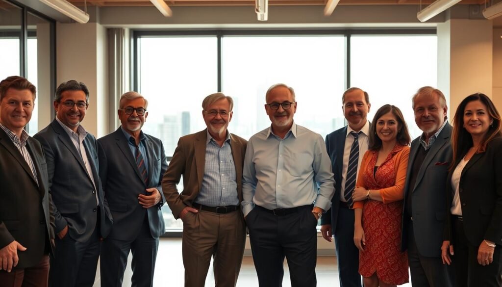 A group of successful Brazilian senior entrepreneurs, dressed in professional attire, standing together in a well-lit, modern office setting. In the foreground, a diverse group of men and women in their 50s and 60s, exuding confidence and a sense of accomplishment. In the middle ground, a view of the city skyline through large windows, suggesting their urban, high-powered environment. The lighting is warm and inviting, creating a tone of achievement and prosperity. The overall atmosphere conveys the inspiring stories of these experienced business leaders who have found success later in their careers.