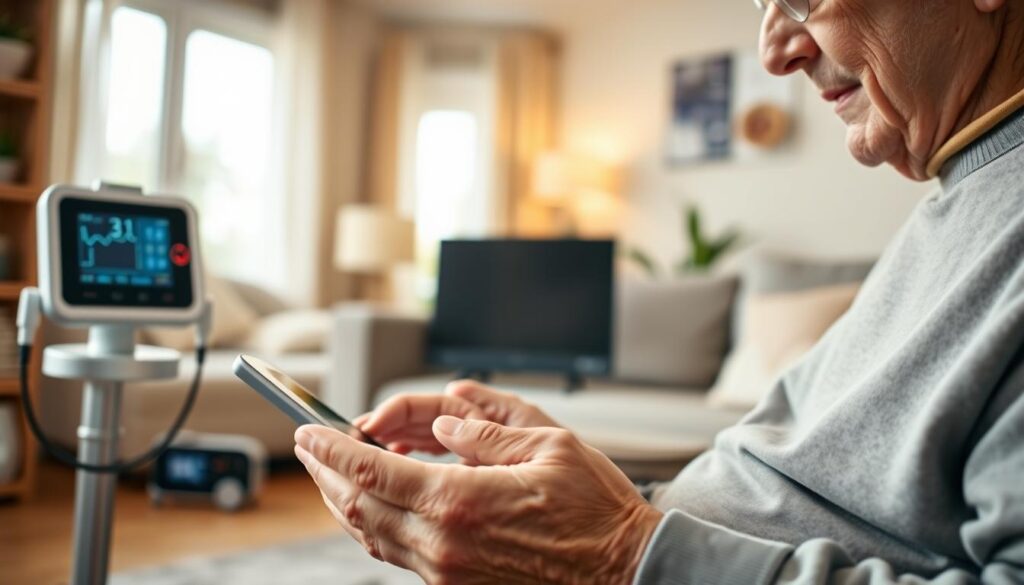A senior citizen using a tablet computer, surrounded by medical devices and healthcare technology. In the foreground, an elderly person's hands interacting with a touchscreen, conveying the intuitive use of modern technology. The middle ground features diagnostic equipment such as a blood pressure monitor and a pulse oximeter, symbolizing how technology enhances the health and wellbeing of the elderly. The background depicts a warm, inviting domestic setting, with natural lighting filtering through windows, creating a sense of comfort and safety. The overall mood is one of empowerment, where technology seamlessly integrates into the daily life of senior citizens, improving their quality of life. A senior citizen using a tablet computer, surrounded by medical devices and healthcare technology. In the foreground, an elderly person's hands interacting with a touchscreen, conveying the intuitive use of modern technology. The middle ground features diagnostic equipment such as a blood pressure monitor and a pulse oximeter, symbolizing how technology enhances the health and wellbeing of the elderly. The background depicts a warm, inviting domestic setting, with natural lighting filtering through windows, creating a sense of comfort and safety. The overall mood is one of empowerment, where technology seamlessly integrates into the daily life of senior citizens, improving their quality of life.