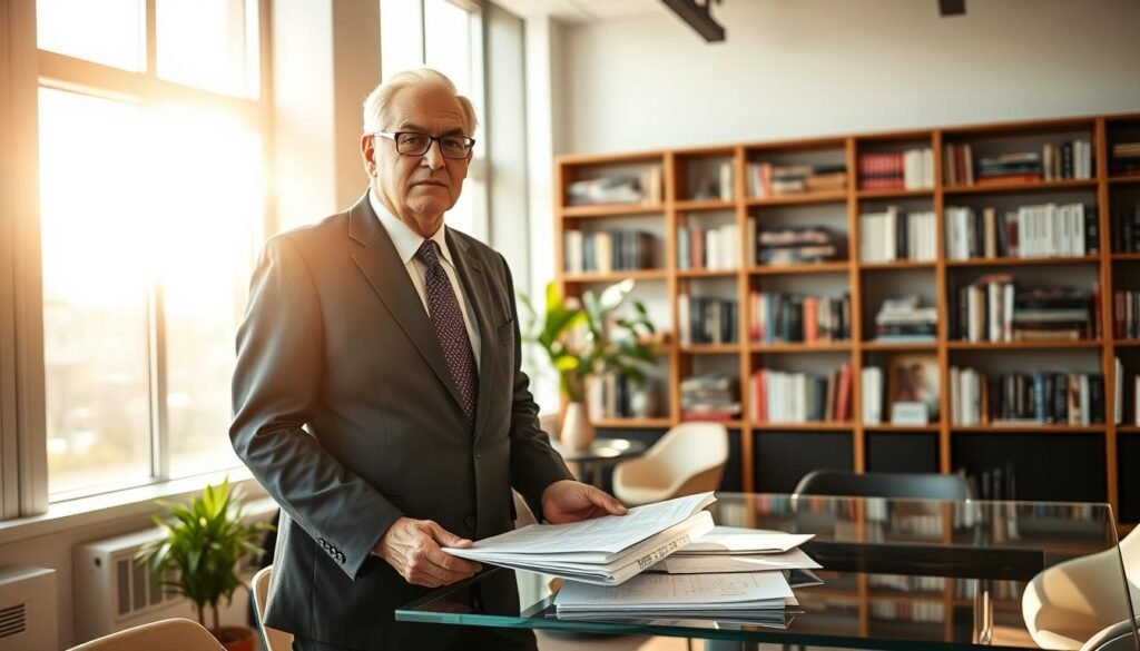 A senior entrepreneur, dressed in a smart, tailored suit, stands confidently in a well-lit, modern office space. The sun streams in through large windows, casting a warm glow on their face as they review documents on a sleek glass desk. In the background, a bookshelf filled with industry journals and inspiring biographies hints at a lifetime of experience and wisdom. The atmosphere is one of quiet professionalism and quiet determination, reflecting the valuable contributions that senior entrepreneurs can make to the business landscape.