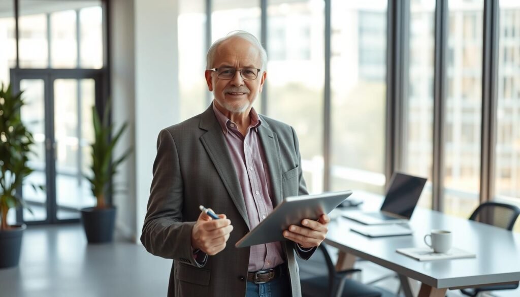 A senior entrepreneur standing confidently in a modern office, surrounded by the tools of their trade. The foreground depicts a well-dressed individual with an expression of determination, holding a tablet in one hand and a pen in the other. The middle ground showcases a sleek desk with a laptop, notes, and a cup of coffee, hinting at the diligent work ethic. The background features large windows providing ample natural light, creating an atmosphere of productivity and innovation. The overall scene conveys the experience, expertise, and drive of a seasoned entrepreneur, reflecting the importance of the ABSENIOR foundation in supporting this demographic.