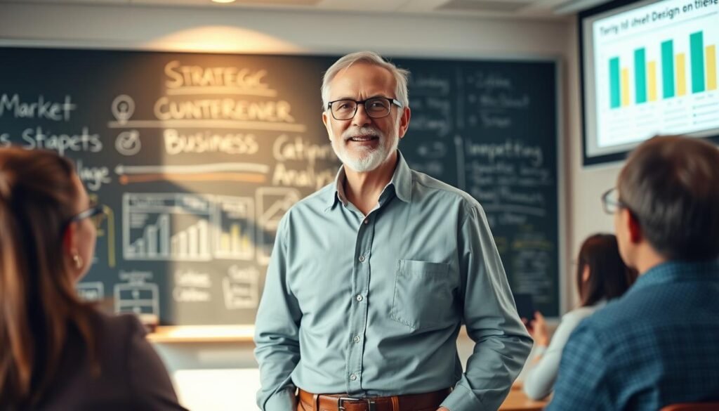 A senior entrepreneur standing confidently in a well-lit classroom, surrounded by a chalkboard filled with strategic business concepts and a projector displaying market analysis data. The scene conveys an atmosphere of engaged learning, with the entrepreneur utilizing innovative teaching methods to inspire and empower a group of aspiring senior entrepreneurs. The lighting is warm and inviting, creating a sense of professionalism and expertise. The overall composition highlights the importance of tailored entrepreneurship education for the experienced senior demographic.